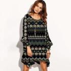 Printed Bell Long-sleeve Flounced-hem A-line Dress