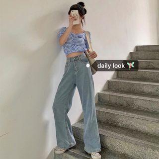Checked Short-sleeve Crop Top / High-waist Wide-leg Jeans