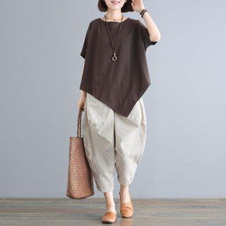 Short-sleeve Asymmetrical T-shirt / Striped Cropped Harem Pants / Set