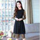 Mock Two-piece Long-sleeve Midi Mesh Panel Dress