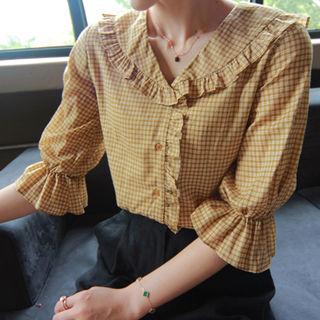 Elbow-sleeve Frill-trim Plaid Blouse