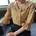 Elbow-sleeve Frill-trim Plaid Blouse