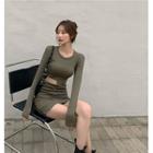 Long-sleeve Cut-out Mini Sheath Dress Army Green - One Size