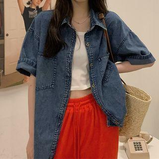 Short-sleeve Washed Denim Shirt Shirt - Denim Blue - One Size