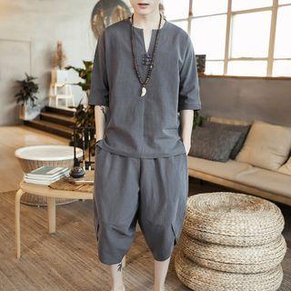 Set: Elbow-sleeve Linen Top + Cropped Harem Pants