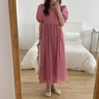 Plain Puff-sleeve Maxi A-line Dress Pink - One Size