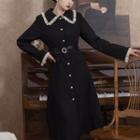 Set: Long-sleeve Lace Trim Button-up Midi A-line Dress + Belt