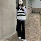 V-neck Striped Knit Vest / Flared-cuff Plain Shirt / Wide Leg Pants