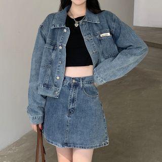 Denim Jacket / Tie Neck Shirt / Mini A-line Skirt