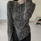 Long-sleeve Zebra Print Slit T-shirt Zebra - Black & Gray - One Size