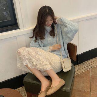 Cable Knit Sweater / Bell-sleeve Lace Top / Maxi Pencil Skirt / Set