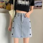 High Waist Heart Embroidered Denim Skirt