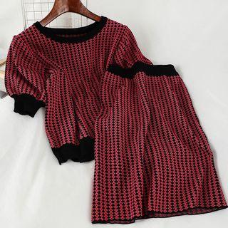 Set: Plaid Short-sleeve Knit Top + Midi Skirt Set Of 2 - Top - Rose Pink - One Size / Skirt - Rose Pink - One Size