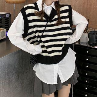Striped Cropped Sweater Vest / Long-sleeve Plain Shirt