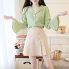 Piping Trim Chiffon Blouse / Double-buttoned Pleated Skirt / Set
