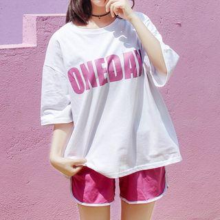 Set: Short-sleeve Lettering T-shirt + Piped Shorts