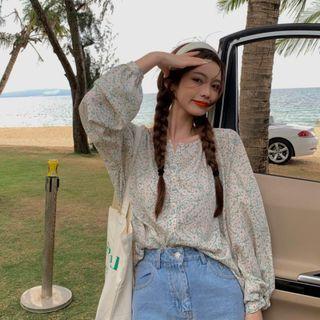 Floral Print Blouse White & Green - One Size