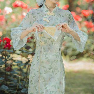 Elbow-sleeve Floral Embroidered Midi Qipao Dress
