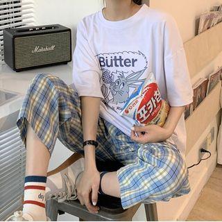 Short-sleeve Cartoon Rabbit Print T-shirt / Plaid Wide-leg Pants