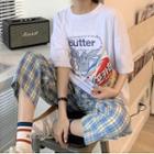 Short-sleeve Cartoon Rabbit Print T-shirt / Plaid Wide-leg Pants