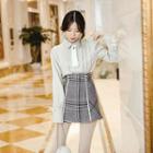 Set: Long-sleeve Tie-neck Shirt + High-waist Plaid Skirt