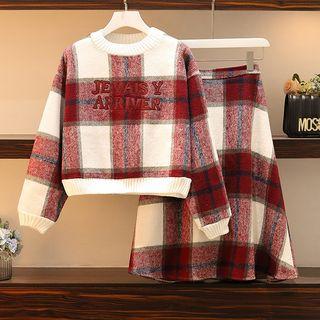 Set: Plaid Letter Embroidered Sweater + A-line Skirt