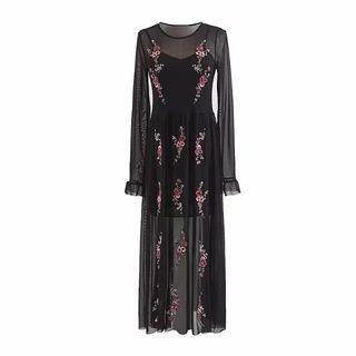 Embroidered Mesh Panel Long-sleeve Dress