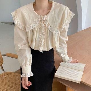 Long-sleeve Ruffle Trim Collared Plain Blouse Almond - One Size