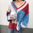 V-neck Color Block Oversized Sweater Sky Blue - One Size