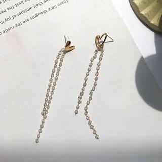 Non-matching Alloy Heart Glass Bead Fringed Earring 1 Pair - S925 Silver Needle - Earring - One Size