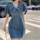 Short-sleeve V-neck Plain A-line Mini Dress Blue - One Size