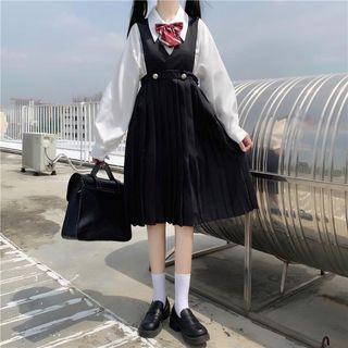 Neck Tie Shirt / Pleated Overall Dress