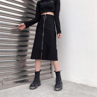 Front-zip Midi A-line Skirt
