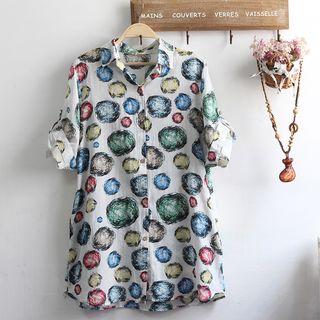 Printed Elbow-sleeve Linen Shirt / Camisole Top / Set: Printed Elbow-sleeve Linen Shirt + Camisole Top