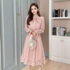 Tie-neck Bell-sleeve A-line Midi Lace Dress