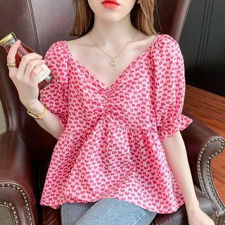 Floral Puff-sleeve V-neck Short-sleeve Cropped Top
