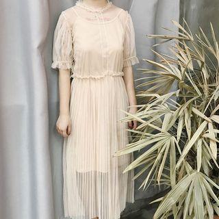 Set: Short Sleeve Midi Mesh Dress + Plain Slipdress