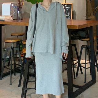 Set: Long-sleeve Hooded Top + Midi A-line Skirt