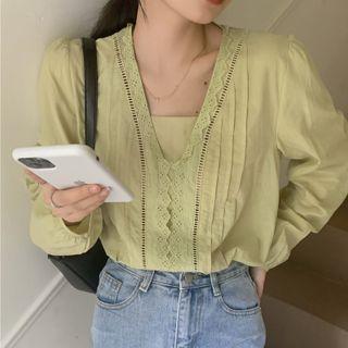 Long-sleeve Lace Trim Plain Top