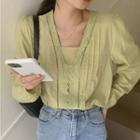 Long-sleeve Lace Trim Plain Top