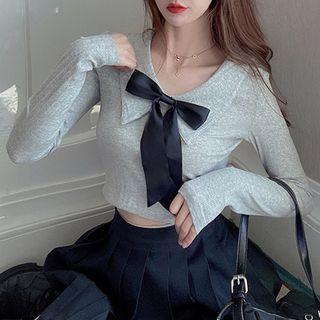 Long-sleeve Collared Bow-front Crop Top