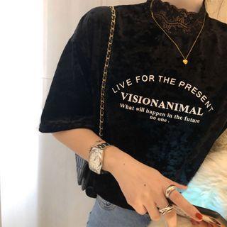 Elbow-sleeve Lettering Print Lace Trim T-shirt