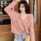 Long-sleeve Bow-accent Cable Knit Cropped Cardigan / Mock-neck Lace Top