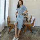 Short-sleeve Open-back Denim Midi Sheath Shirtdress Blue - One Size