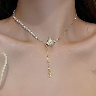 Butterfly Rhinestone Alloy Choker Gold - One Size