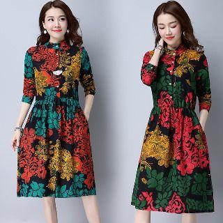 Elbow-sleeve Floral Shirtdress