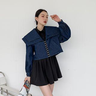 Long-sleeve Mini A-line Shirt Dress / Striped Jacket
