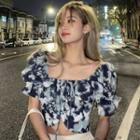Short-sleeve Tie Dye Cropped Blouse Grayish Blue & White - One Size
