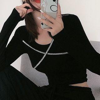 Long-sleeve Rhinestone Crisscross Top