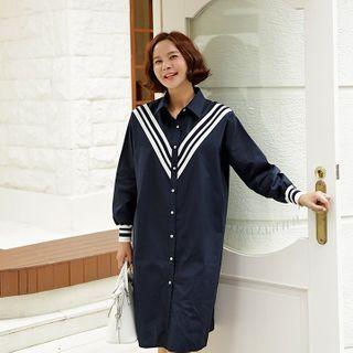 Contrast-trim Midi Shirtdress Navy Blue - One Size